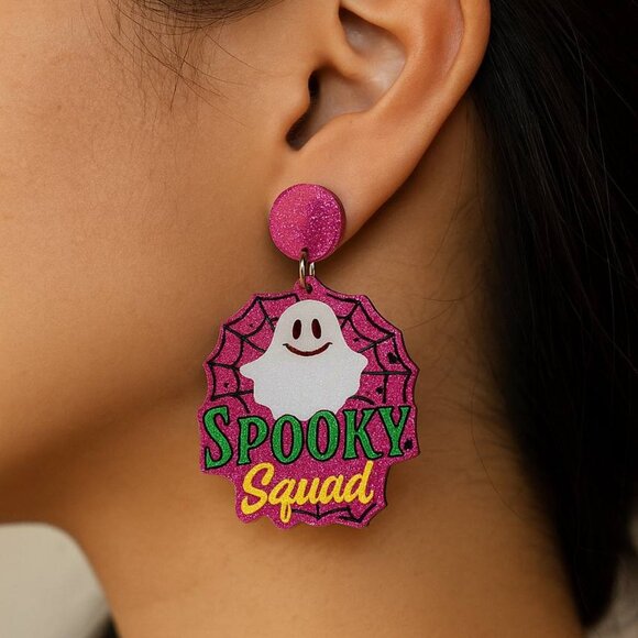 Spooky Squad Ghost Earrings | Cute Pink Halloween Statement Jewelry - Picture 2 of 4